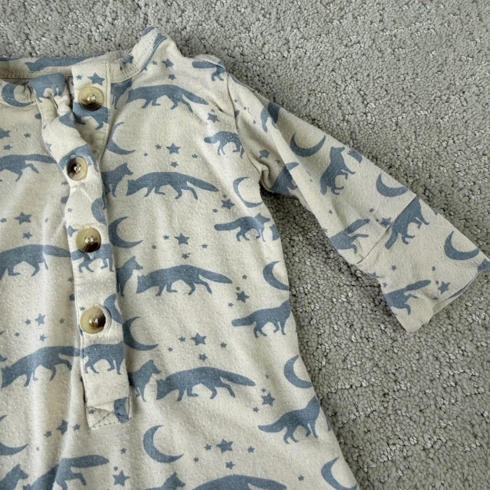 Kate Quinn Bamboo Fox Moon Romper Kids 0-3M Cream Blue Long Sleeve Snaps 12612